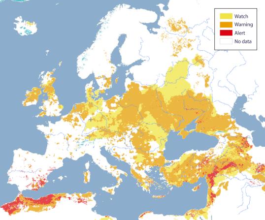 Map showing the Combined Drought Indicator in Europe for the second ten-day period od March 2025